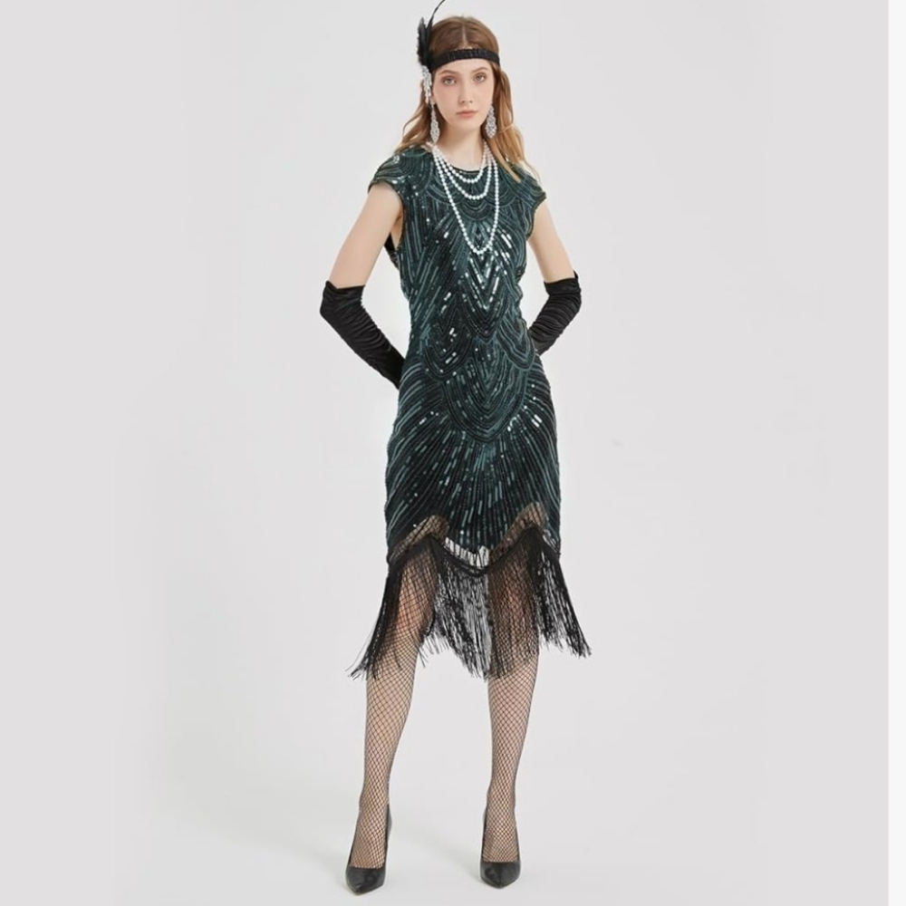 Stunning Emerald Green and Black Sequin Maxi Flapper Roaring 20s Gatsby Dress